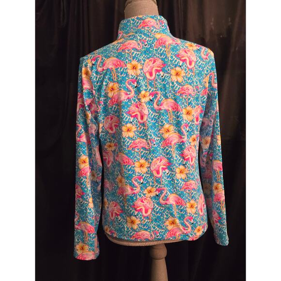 NWOT IBKUL Penny Turquoise Flamingo Long Sleeve Mock Golf Shirt, Size Medium - Picture 5 of 8